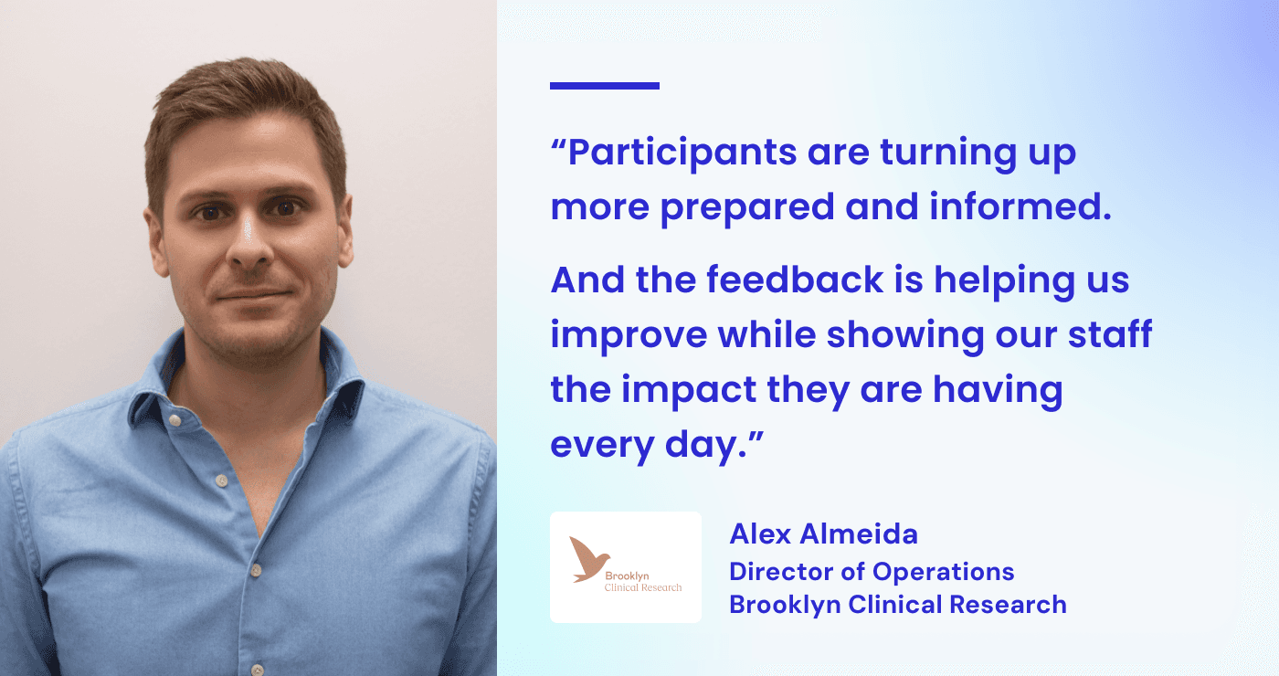 Alex Almeida, Director of Operations at Brooklyn Clinical Research: “Participants are turning up more prepared and informed. And the feedback is helping us improve while showing our staff the impact they are having every day.”