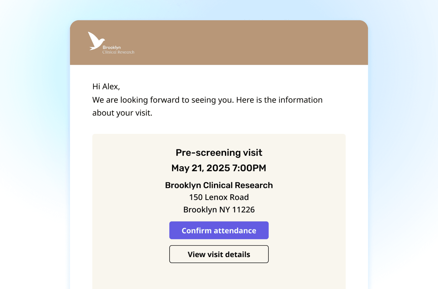 Brooklyn Clinical Research visit reminder email with options to confirm attendance or view visit details