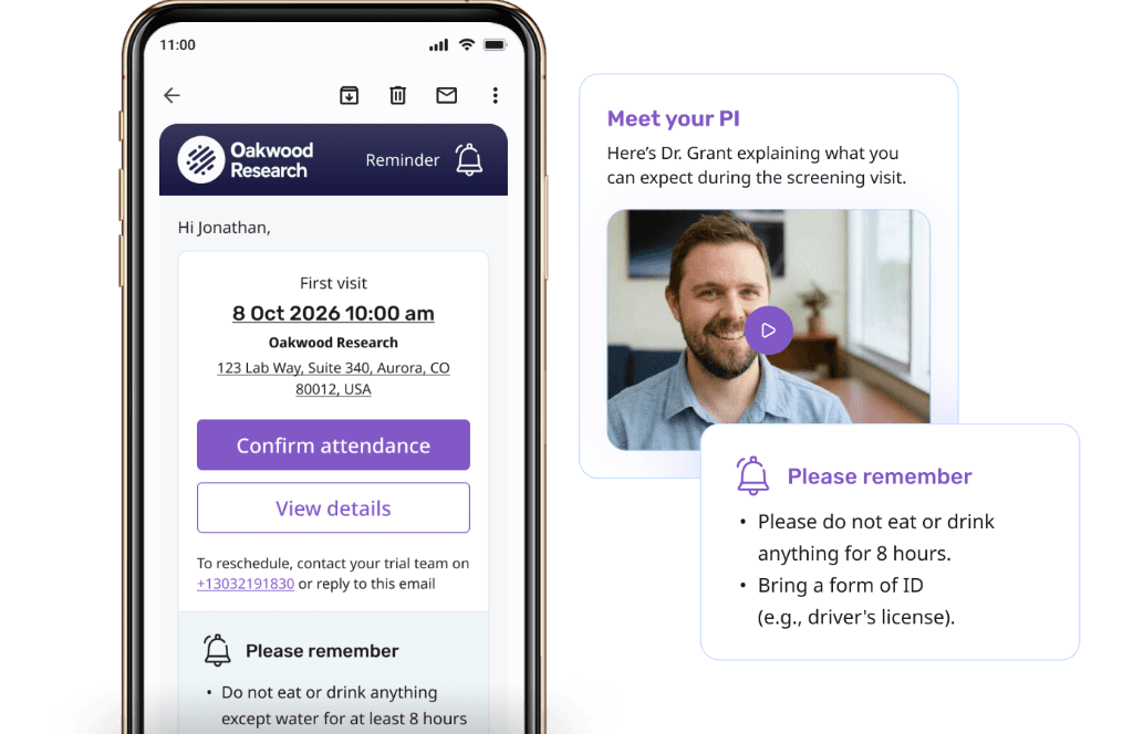 Branded visit reminder email with a Meet your PI video and preparation instructions