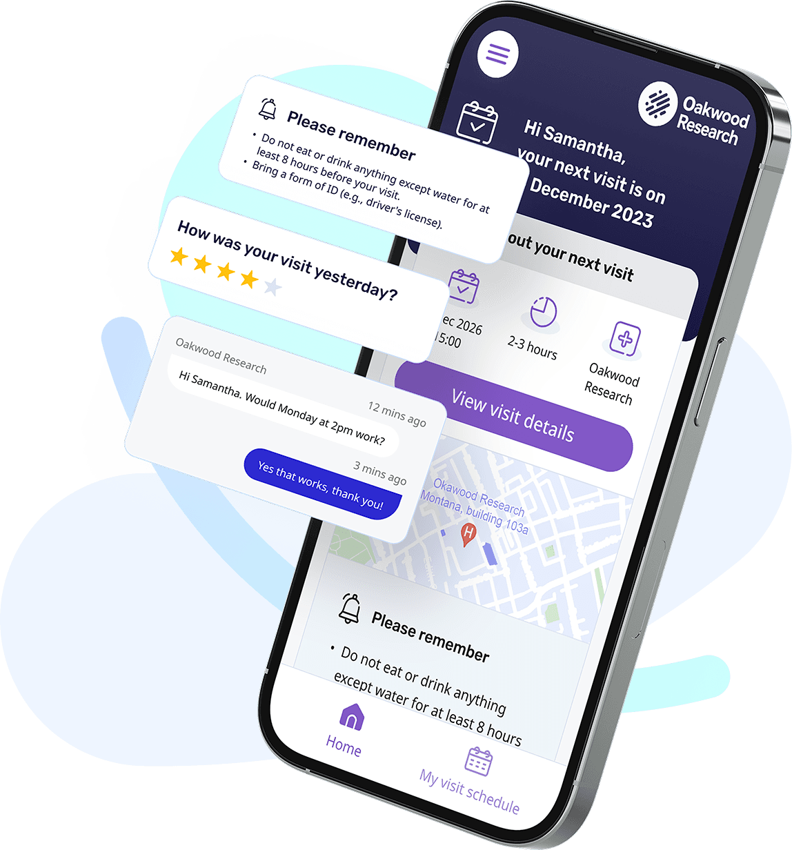 Stitch patient app showing an upcoming visit at Oakwood Research, with a visit reminder, a feedback request and a rescheduling chat