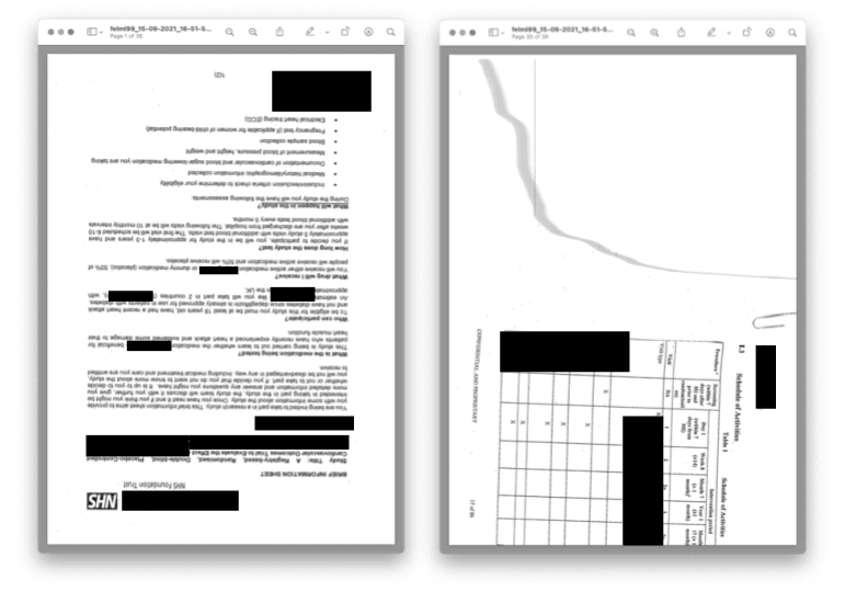An upside down patient information sheet, with one of the pages torn
